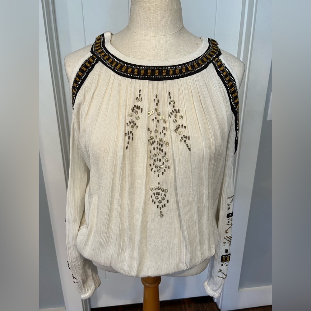 Beaded Free People cream Linen Top. Never been worn, in great condition.